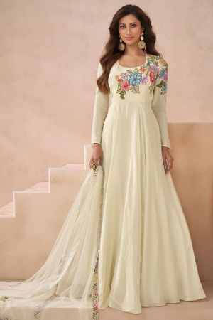 Off White Embroidered Silk Anarkali Gown with Dupatta