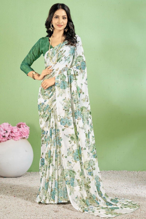 Off White Floral Print Chiffon Saree