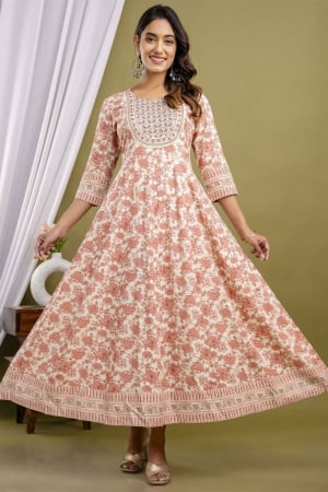 Off White Floral Print Rayon Gown