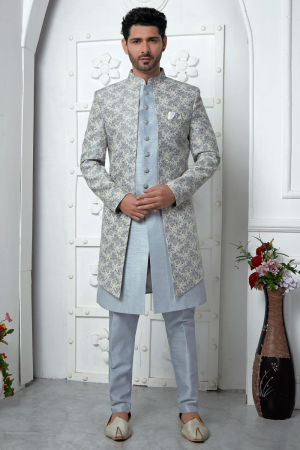 Off White Jacquard Silk 3 Pc Indo Western Outfit