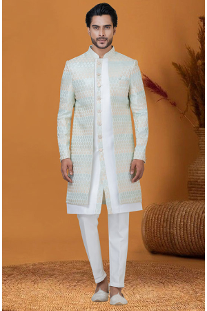 Off White Jacquard Silk Indo Western Outfit