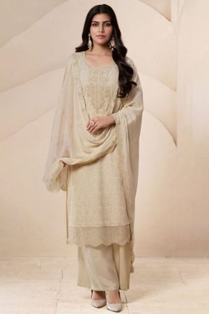 Off White Organza Embroidered Palazzo Kameez Suit