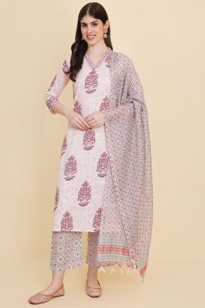 Off White Printed Cotton Readymade Pant Kameez