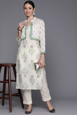 Off White Pure Cotton Kurti with Bottom and Jacket