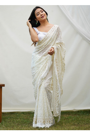 Off White Pure Georgette Party Wear Saree
