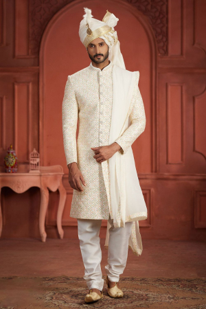 Off White Pure Silk Wedding Wear Sherwami