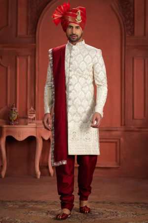 Off White Pure Silk Wedding Wear Sherwami
