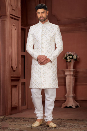 Off White Pure Silk Wedding Wear Sherwani