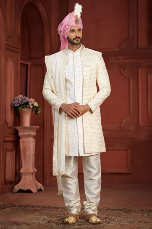 Off White Pure Silk Wedding Wear Sherwani