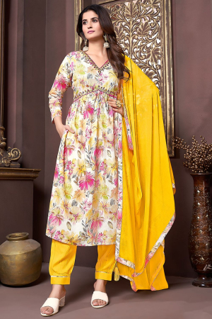Off White Rayon Readymade Pant Kameez Suit