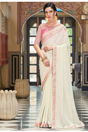 Off White Saree with Designer Embroidered Blouse