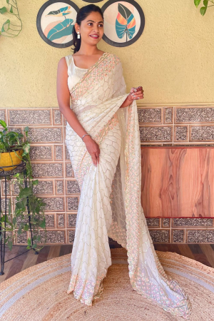 Off White Sequined Georgette Saree for Party
