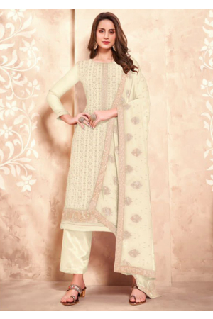 Off White Sequins Embroidered Georgette Trouser Kameez