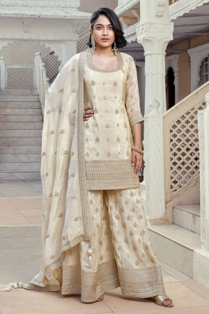 Off White Silk Designer Sarara Kameez Suit