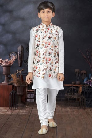 Off White Silk Dupion Kids Kurta Set with Jacket