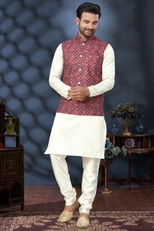Off White Silk Kurta Pyjama with Red Jacket