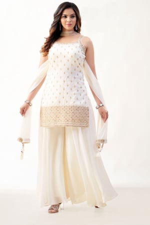 Off White Silk Readymade Sarara Kameez Suit