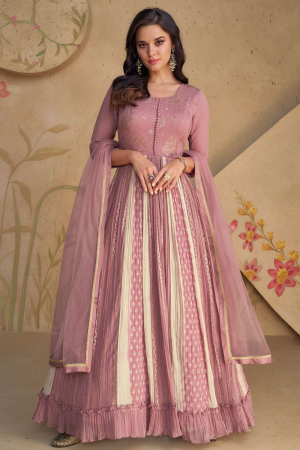 Old Rose and Cream Georgette Anarkali Gown with Dupatta