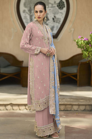 Old Rose Embroidered Faux Chiffon Palazzo Kameez