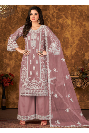 Old Rose Embroidered Net Palazzo Kameez
