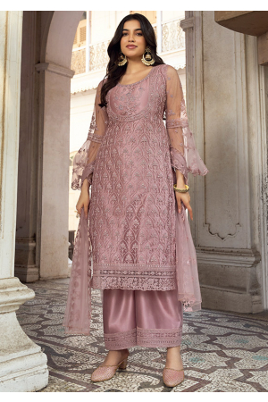 Old Rose Embroidered Net Palazzo Kameez
