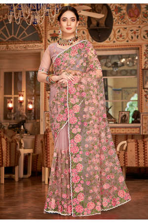 Old Rose Embroidered Net Saree