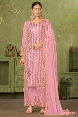 Old Rose Georgette Embroidered Palazzo Suit