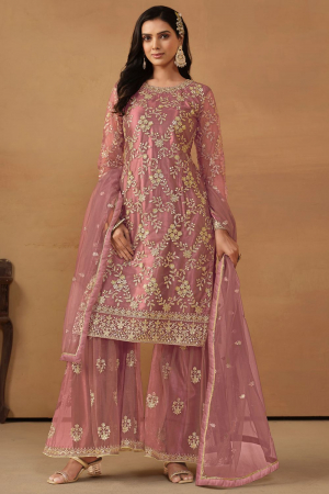 Old Rose Net Embroidered Sarara Kameez Suit