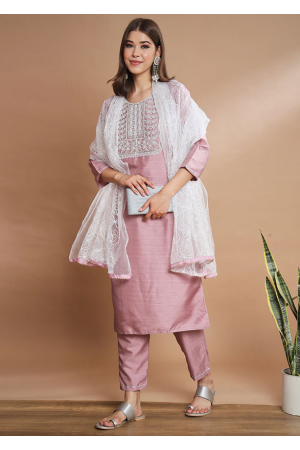 Old Rose Pink Cotton Silk Blend Readymade Pant Kameez