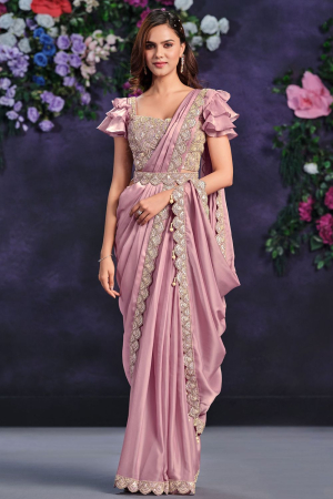 Old Rose Pink Crepe Satin Silk Designer Ready to Wear Saree