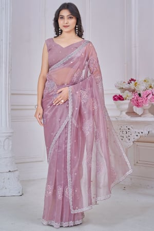 Old Rose Pink Embellished Soft Organza Saree