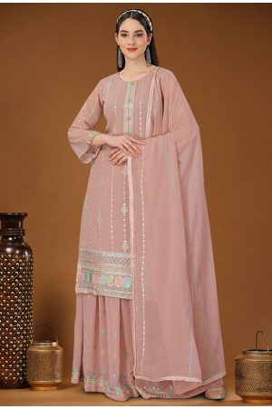 Old Rose Pink Embroidered Georgette Palazzo Kameez