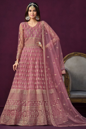 Old Rose Pink Embroidered Net Anarkali Dress