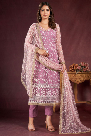 Old Rose Pink Embroidered Net Plus Size Suit