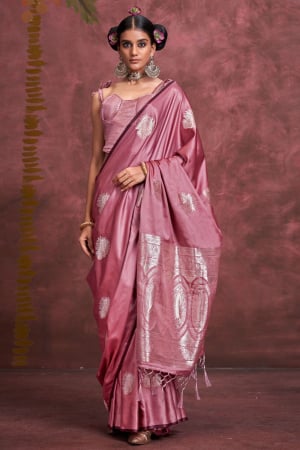 Old Rose Pink Pure Satin Handloom Weaving Silk Saree