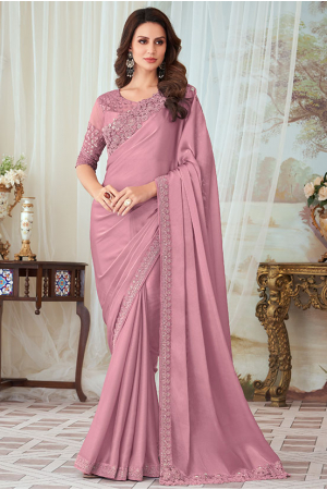 Old Rose Pink Silk Saree with Embroidered Blouse