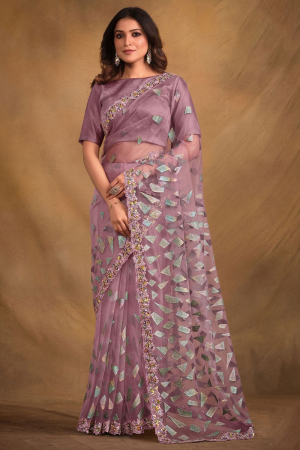 Old Rose Velvet Textured Net Designer Saree