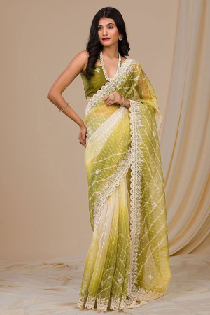 Olive Green and Off White Embroidered Georgette Saree