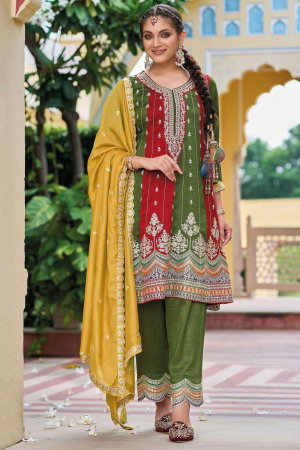 Olive Green and Rust Red Embroidered Silk Trouser Kameez
