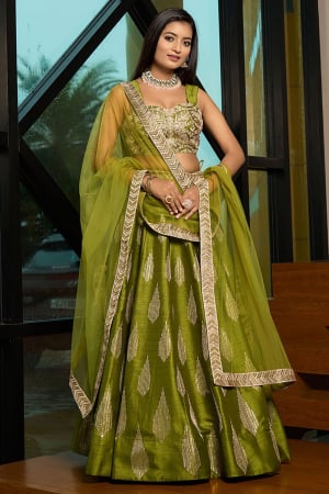 Olive Green Art Silk Embroidered Lehenga Choli for Wedding