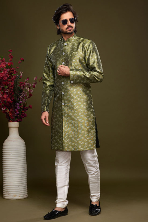 Olive Green Banarasi Jacquard Indo Western Outfit