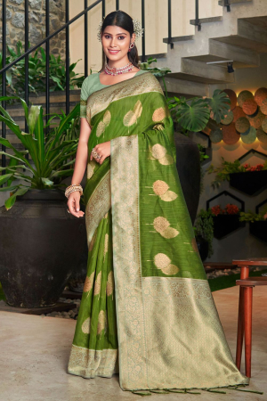 Olive Green Cotton Woven Saree
