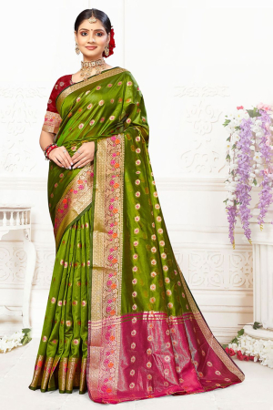 Olive Green Cotton Woven Saree