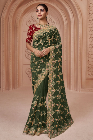 Olive Green Designer Saree for Party