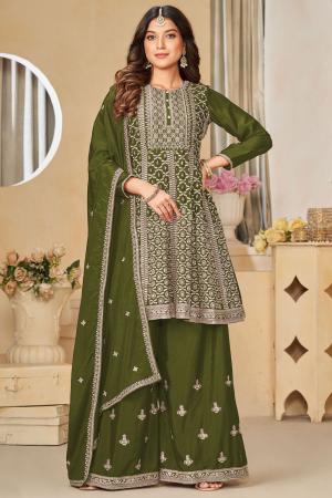 Olive Green Embroidered Chinnon Palazzo Kameez for Festival
