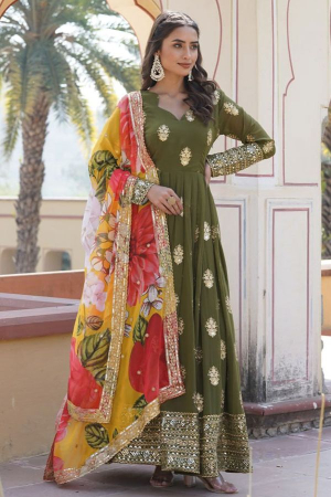 Olive Green Embroidered Faux Georgette Gown with Dupatta
