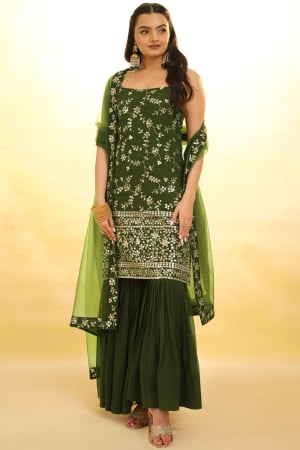 Olive Green Embroidered Georgette Readymade Sarara Kameez