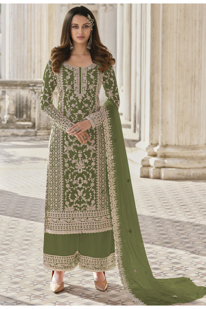Olive Green Embroidered Net Palazzo Kameez