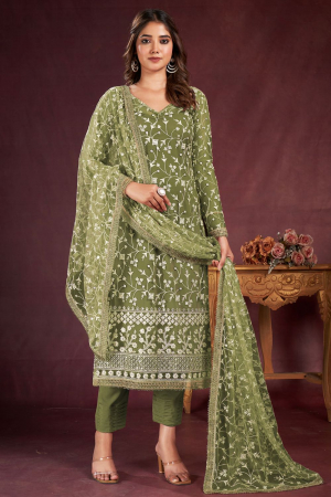 Olive Green Embroidered Net Plus Size Suit