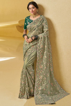Olive Green Embroidered Party Wear Saree